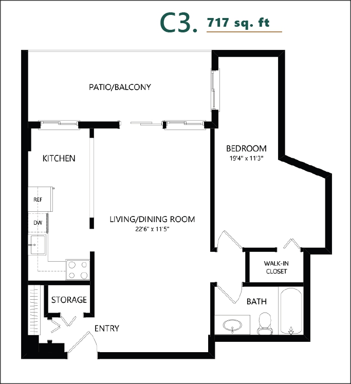 Saskatoon Tower 1 Bedroom Floor Plan